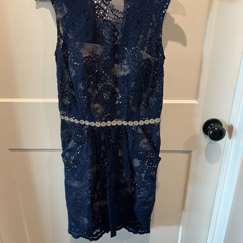 Navy Lace Dress with Rhinestone Belt
